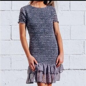 Storia Multicolor Smocked Floral Fitted Mini Dress Short Sleeve Ruffle Hem Small